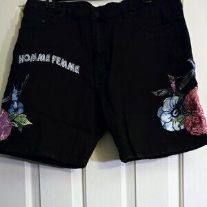 Homme and Femme Black Denim Shorts Embroidered Flower Humming Bird